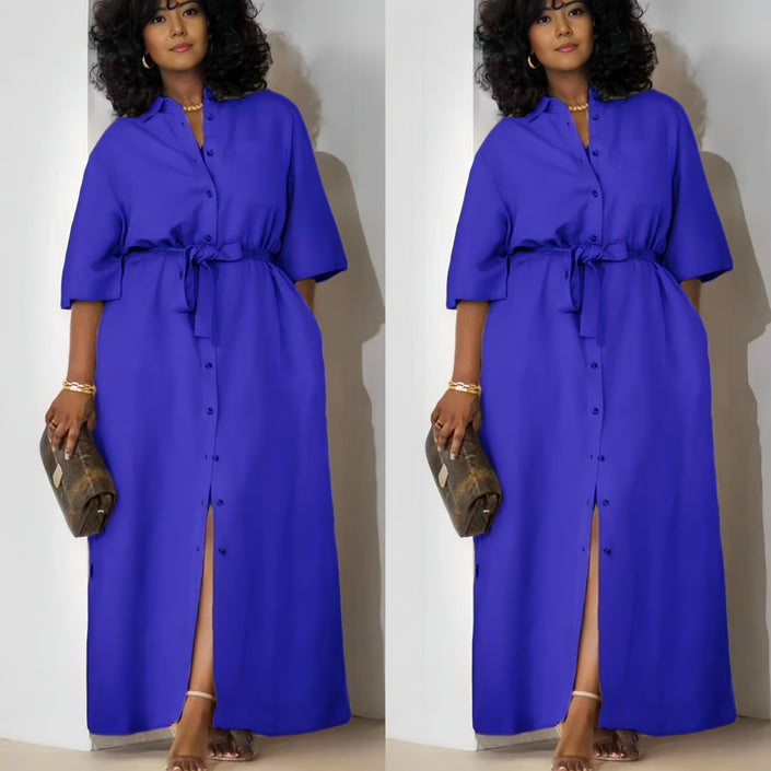 Simple Mid-Sleeve Belted Long Dress