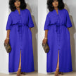 Blue button-front belted midi dress with tie waist and front slit