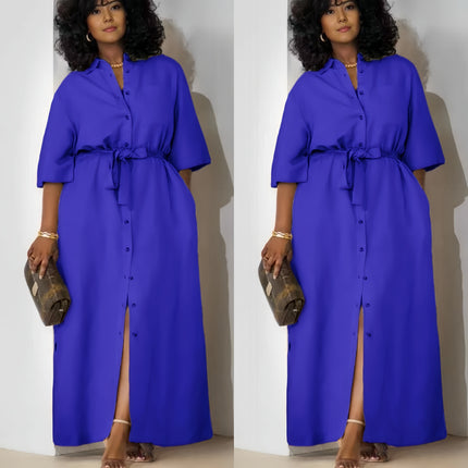 Blue button-front belted midi dress with tie waist and front slit