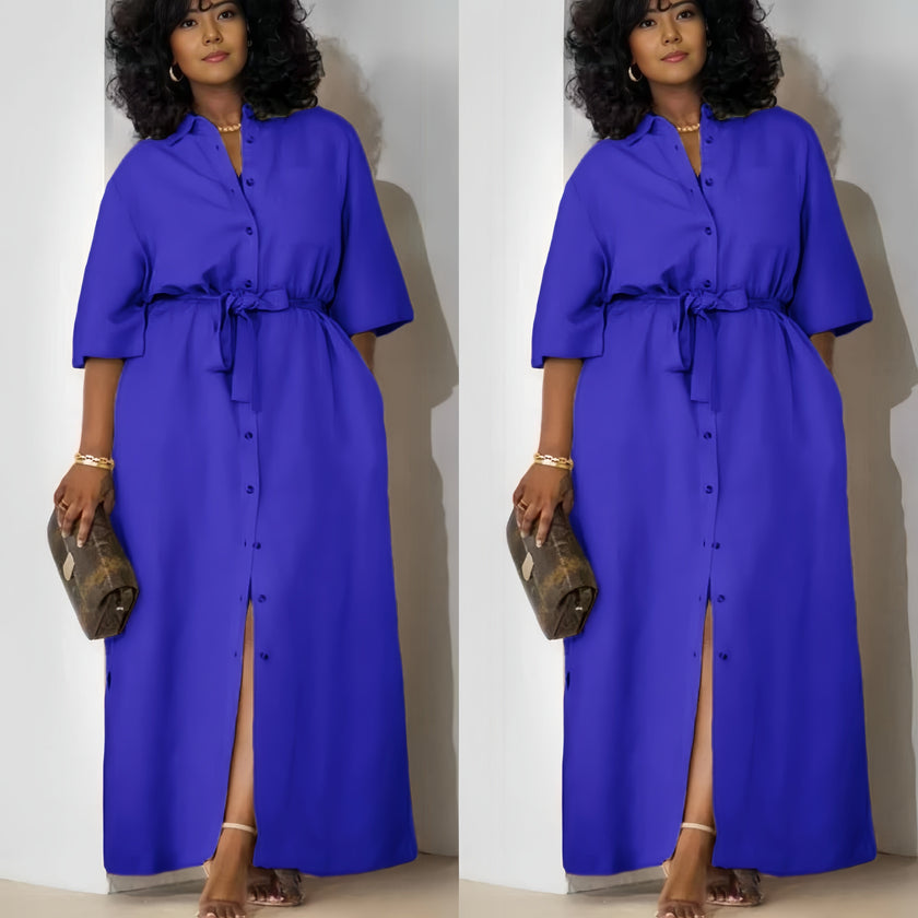 Blue button-front belted midi dress with tie waist and front slit