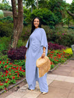 Light blue gathered wide-leg pantsuit with matching tunic and drawstring waist