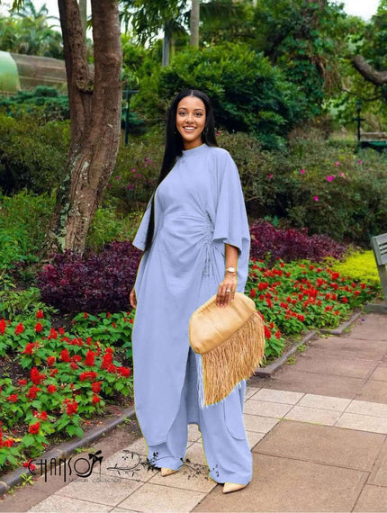 Light blue gathered wide-leg pantsuit with matching tunic and drawstring waist