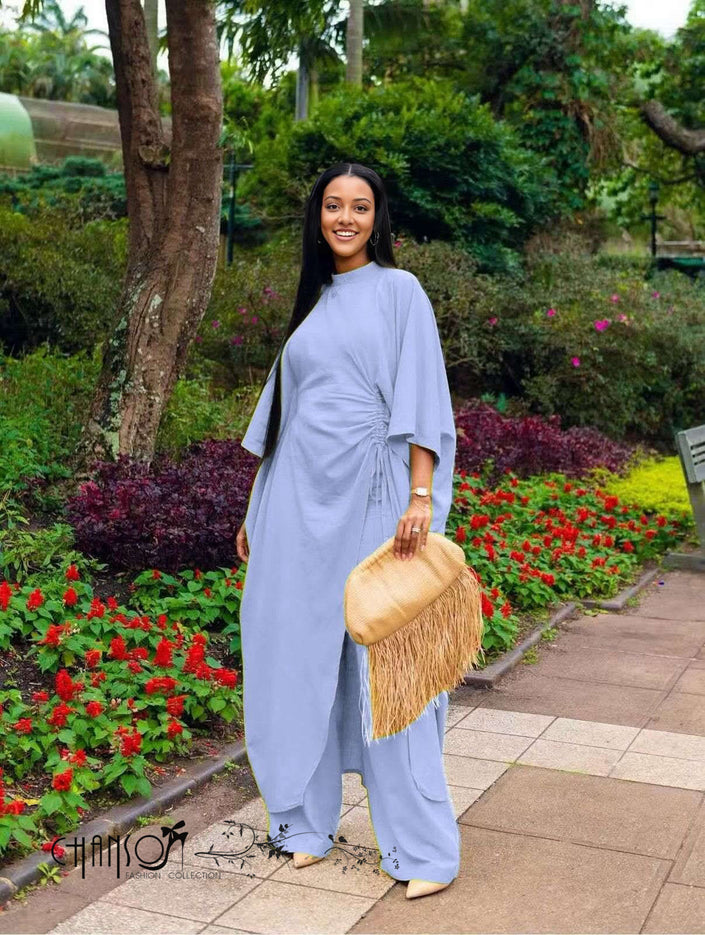 Light blue gathered wide-leg pantsuit with matching tunic and drawstring waist