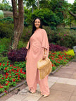 Peach pink gathered wide-leg pantsuit with matching tunic and drawstring waist