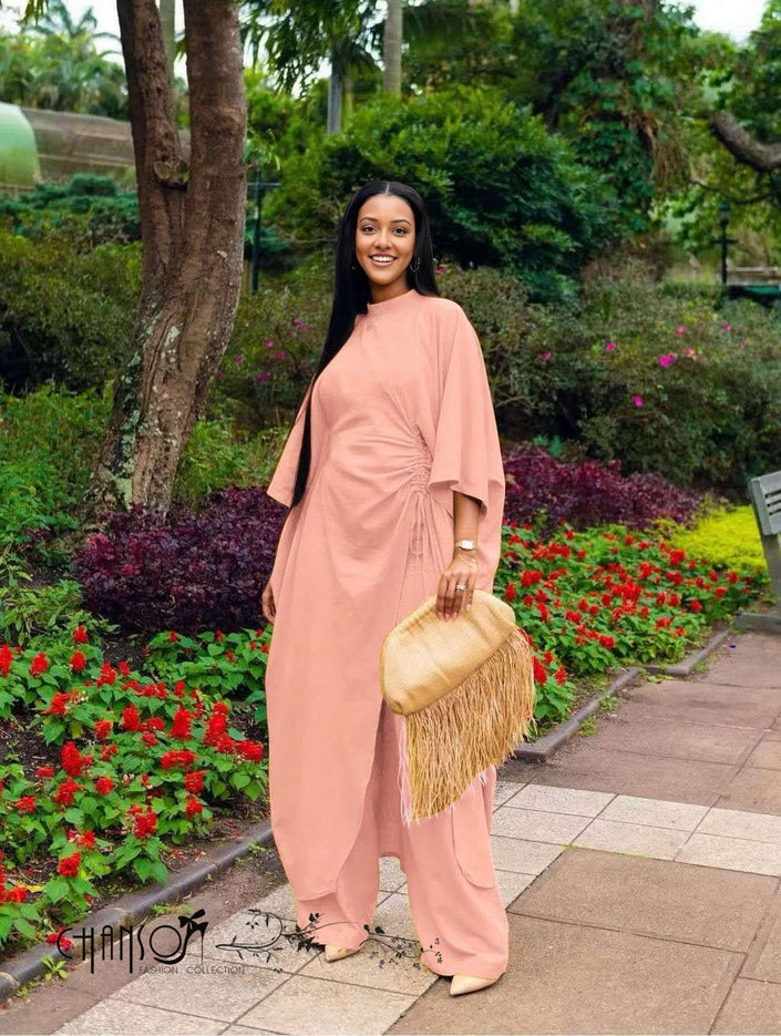 Peach pink gathered wide-leg pantsuit with matching tunic and drawstring waist