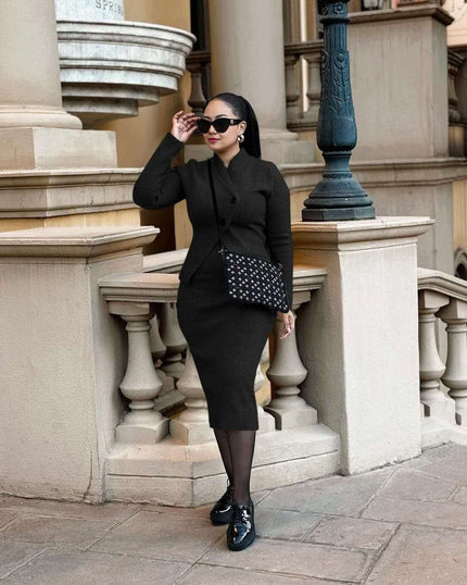 Black knit crossover-collar cardigan midi pencil skirt set
