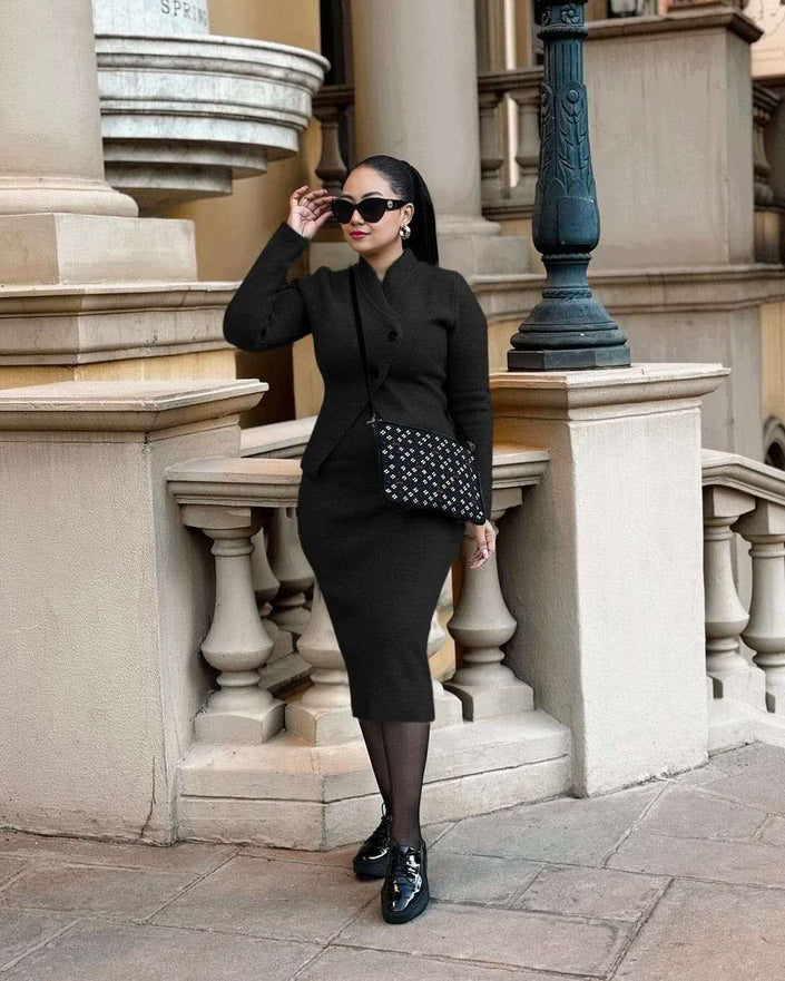 Black knit crossover-collar cardigan midi pencil skirt set