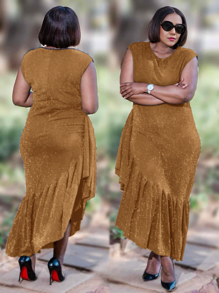 Gold glitter asym midi dress, sleeveless, draped side and gathered skirt