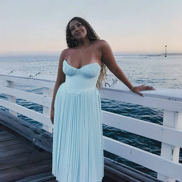 Light sky blue pleated bustier maxi dress with sweetheart neckline, fitted bodice
