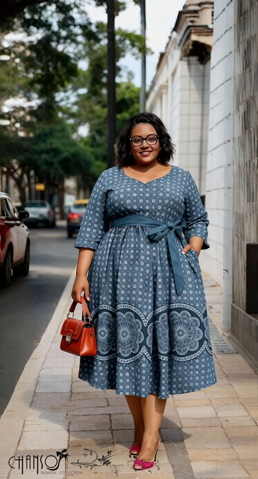 Blue midi A-line dress, V-neck, patterned belt with bow, 3/4 sleeves