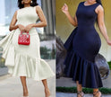 Navy asym midi dress, sleeveless fitted bodice with tiered flounce hem