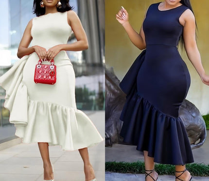 Navy asym midi dress, sleeveless fitted bodice with tiered flounce hem