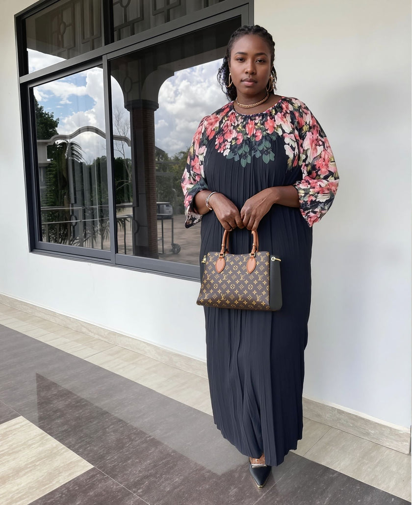 Ethnic Pleated Maxi Dress – Floral Embroidered Neckline, Flowing Silhouette, 3/4 Sleeves