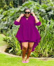 Purple high-low tunic set with button placket, long sleeves, asymmetrical hem