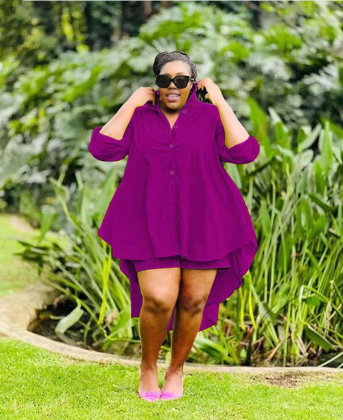 Purple high-low tunic set with button placket, long sleeves, asymmetrical hem