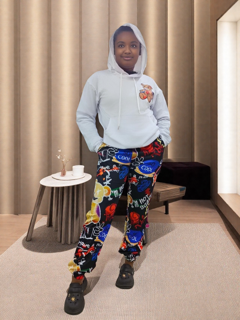 Kids cartoon twin set: light gray hoodie with chest graphic, multicolor printed joggers