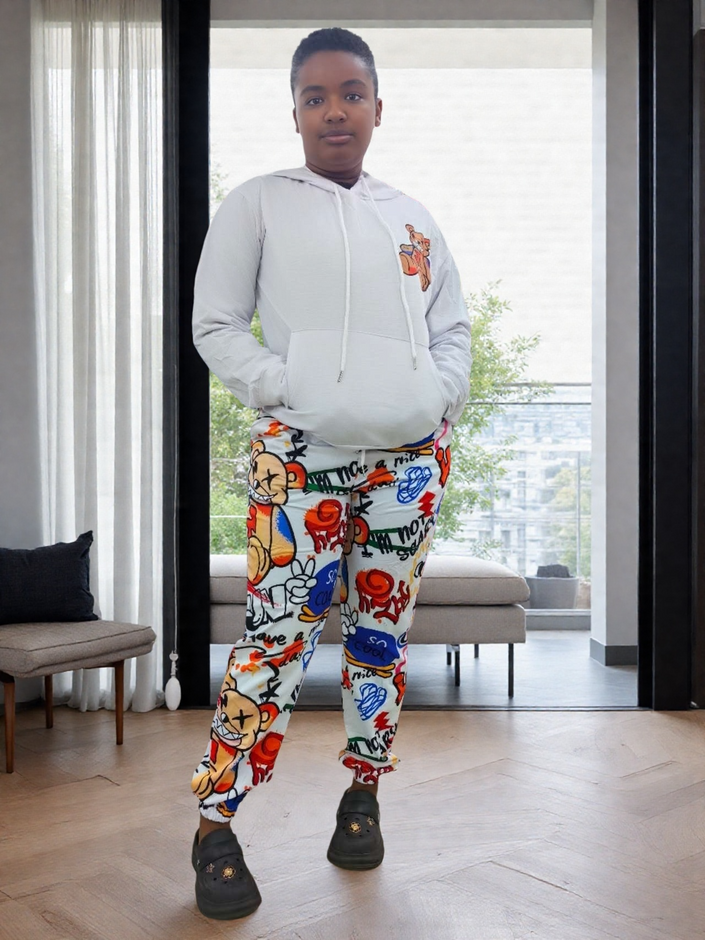Light gray hoodie set with colorful cartoon-print pants, front pocket and drawstring hood.