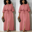 Pink button-front belted midi dress with tie waist and front slit