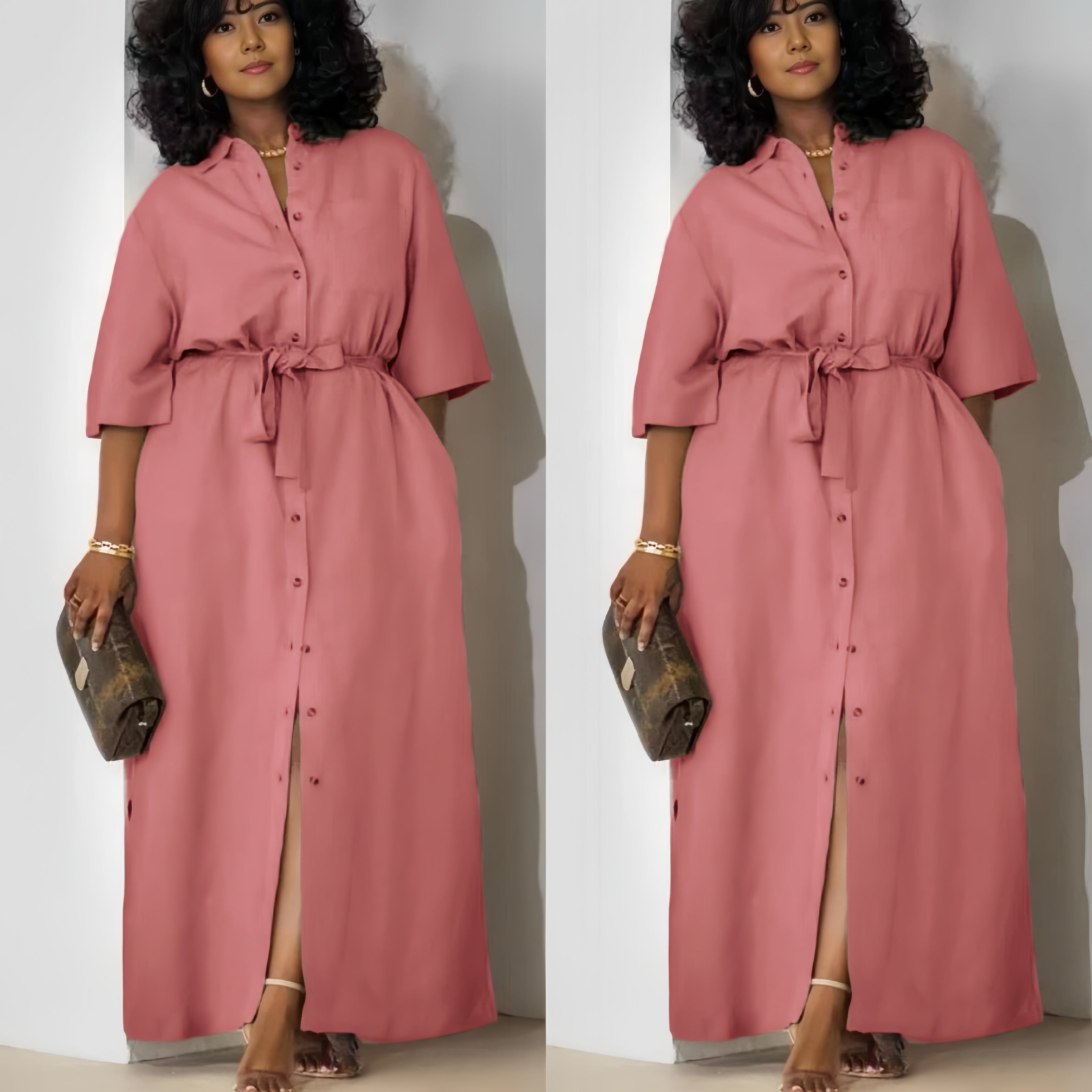 Pink button-front belted midi dress with tie waist and front slit
