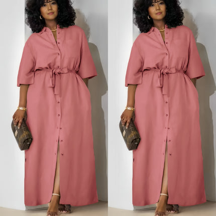 Pink button-front belted midi dress with tie waist and front slit