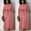 Simple Mid-Sleeve Belted Long Dress