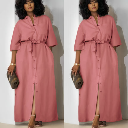 Simple Mid-Sleeve Belted Long Dress