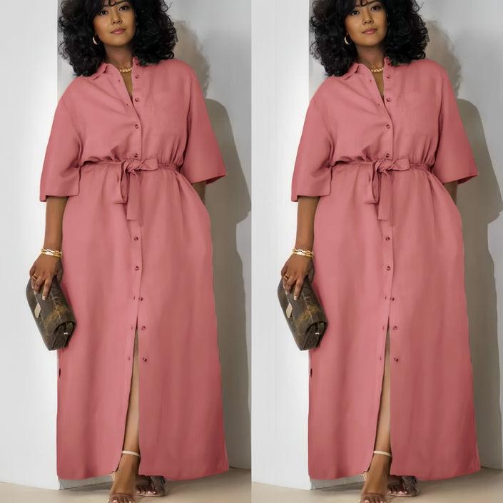 Simple Mid-Sleeve Belted Long Dress