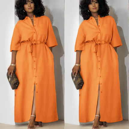 Orange button-front belted midi dress with tie waist and front slit