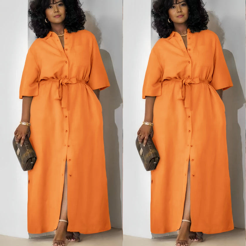 Orange button-front belted midi dress with tie waist and front slit
