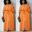 Simple Mid-Sleeve Belted Long Dress