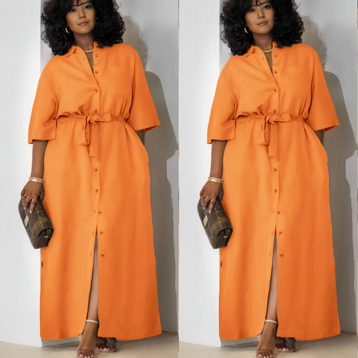 Simple Mid-Sleeve Belted Long Dress