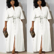 White button-front belted midi dress with tie waist and front slit