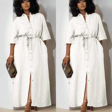 White button-front belted midi dress with tie waist and front slit