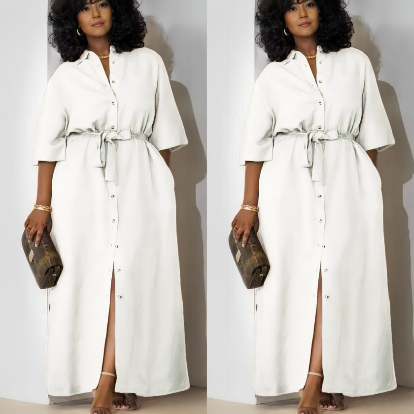 White button-front belted midi dress with tie waist and front slit