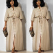 Khaki button-front belted midi dress with tie waist and front slit