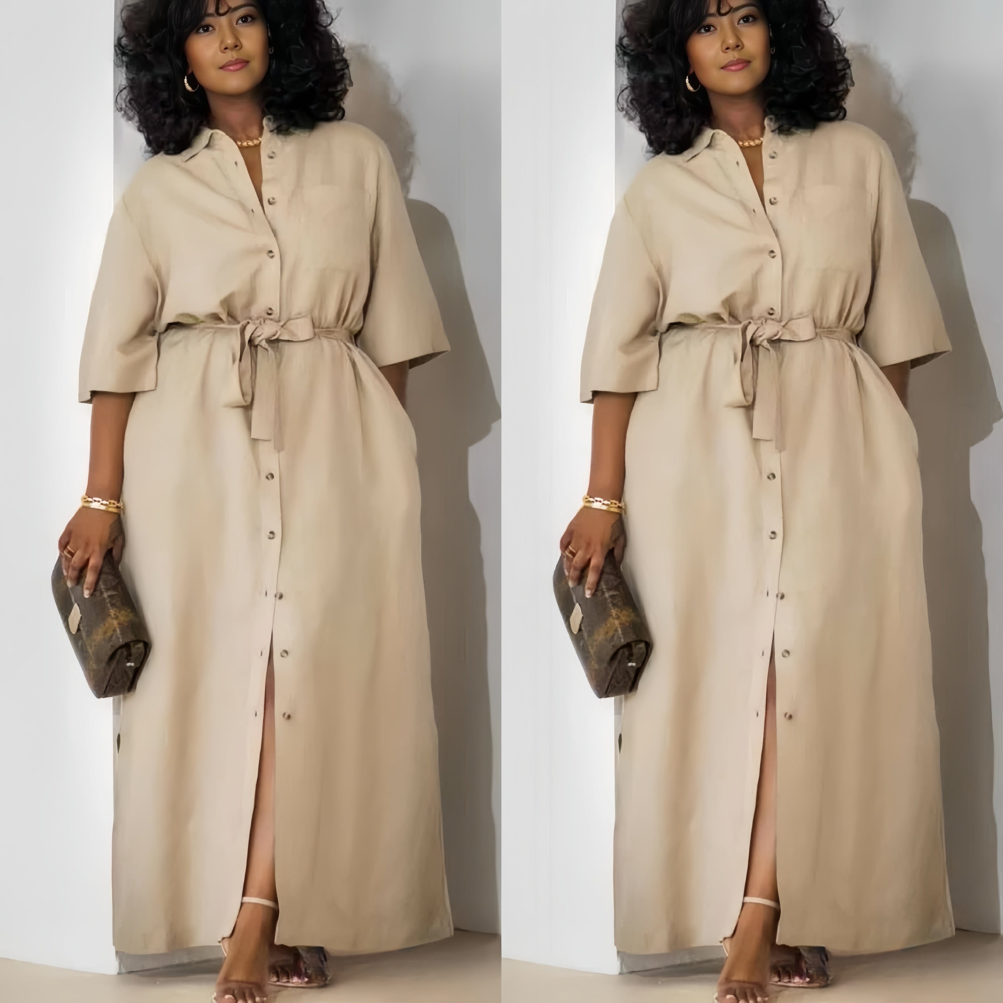 Khaki button-front belted midi dress with tie waist and front slit