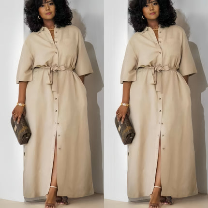 Khaki button-front belted midi dress with tie waist and front slit