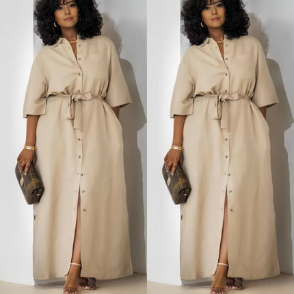 Simple Mid-Sleeve Belted Long Dress