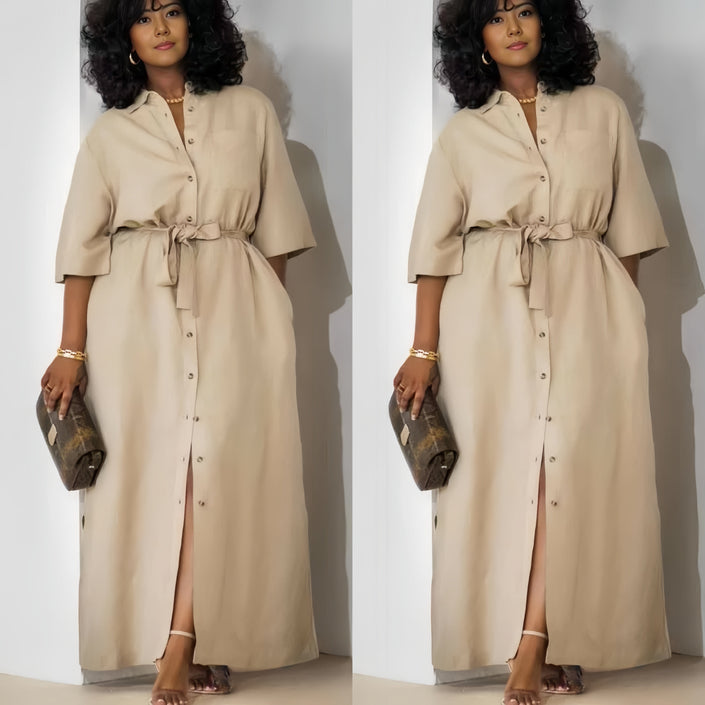 Simple Mid-Sleeve Belted Long Dress