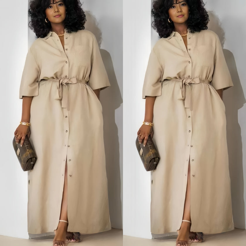 Simple Mid-Sleeve Belted Long Dress