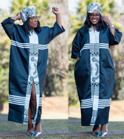 Geometric stripe robe dress with wide sleeves, navy with white pattern and front slit