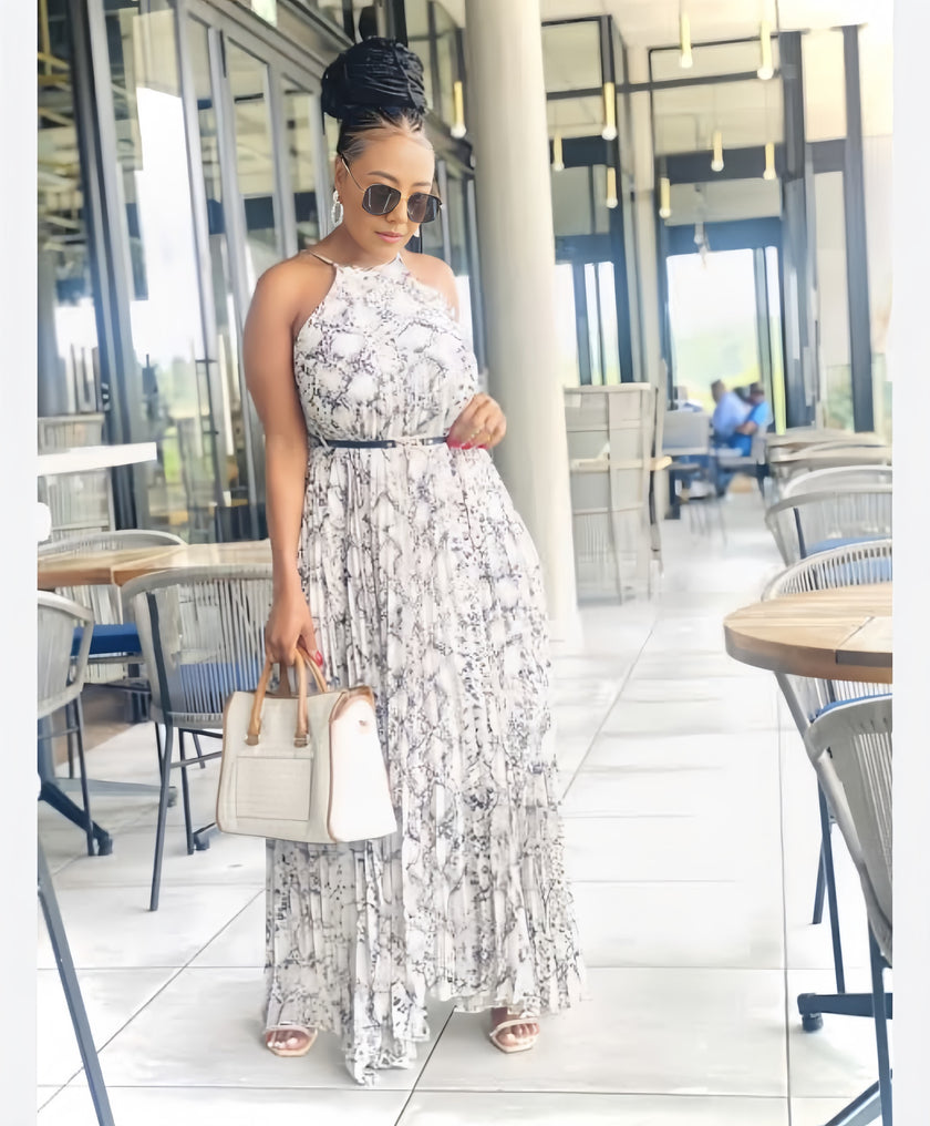 Halter Neckline Abstract Print Maxi Dress