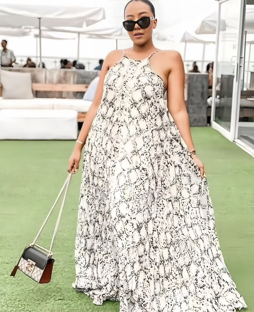 Halter Neckline Abstract Print Maxi Dress