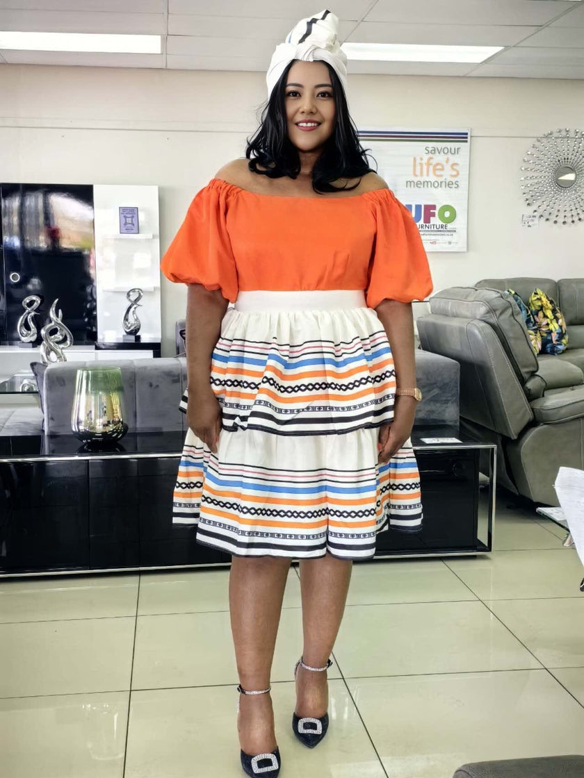 Geometric Stripe Print Dress with Ruffled Off-Shoulder Top