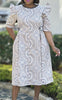 Knee-Length Dress with Symmetrical Circular Floral Motifs and Puffed