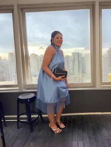 Asymmetrical fringe evening dress, sleeveless light blue with angled tassel hem