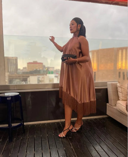 Asymmetrical fringe evening dress, sleeveless coffee brown with tassel hem