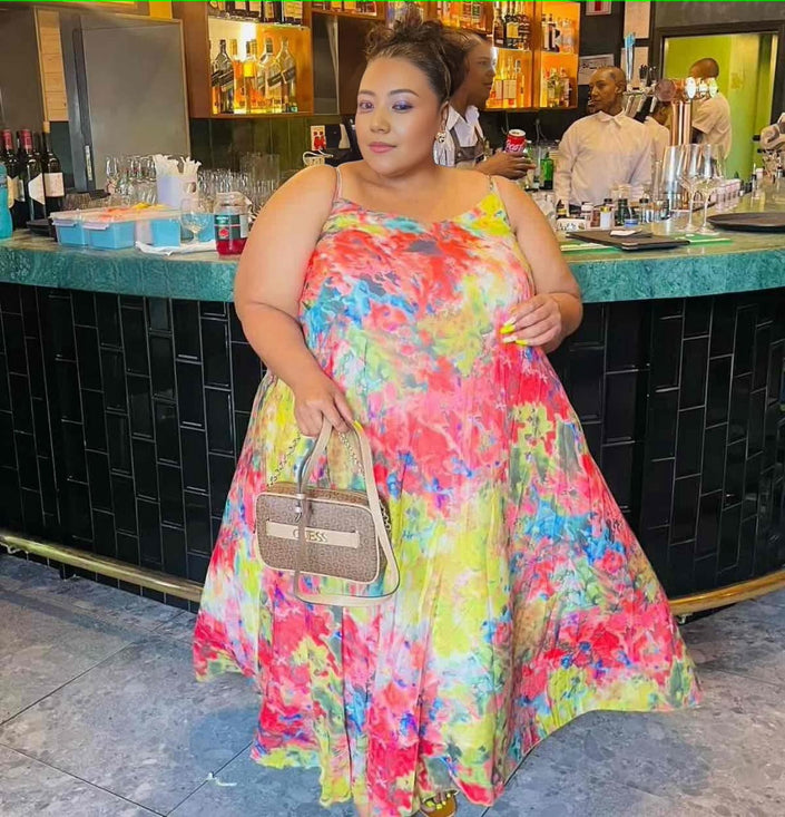 Splash-print maxi dress, sleeveless with colorful watercolor pattern and skirt