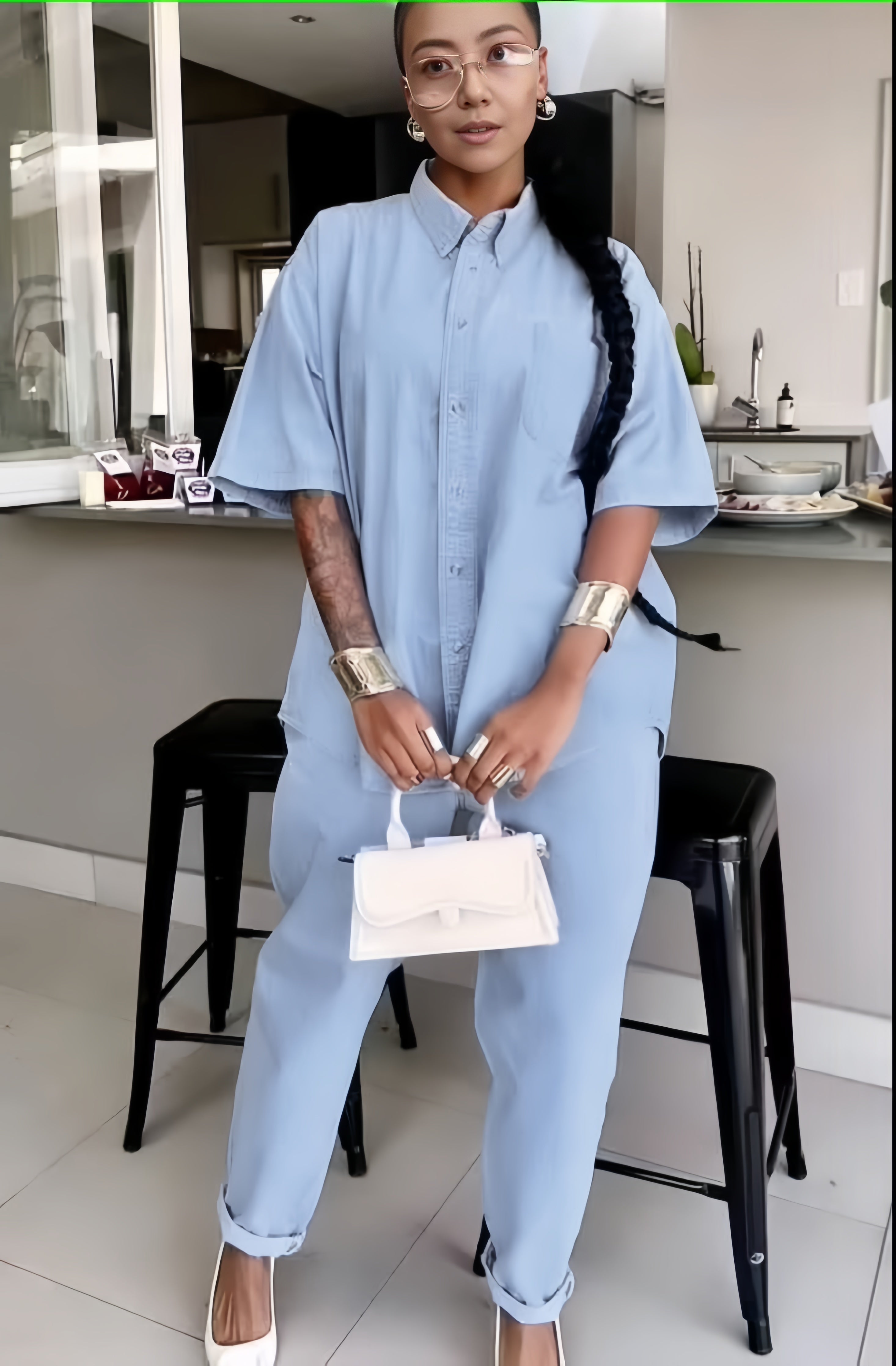 Light blue button-up short-sleeve shirt and matching trousers twin set outfit