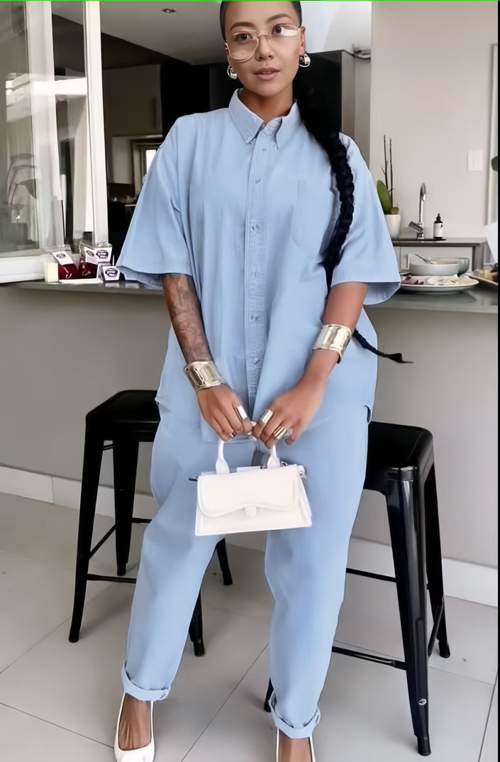 Light blue button-up short-sleeve shirt and matching trousers twin set outfit